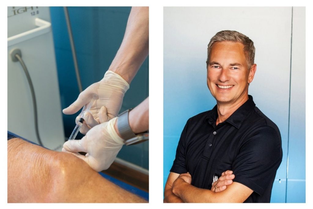 Einmal-Injektionstherapie mit Hyaluronsäure und Portrait von Dr. Frank Styra